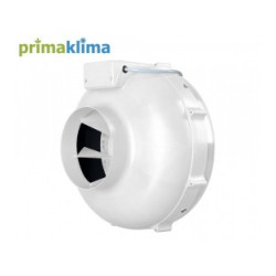 Extracteur Prima Klima de couleur blanc, diamètre 125 mm, vue de côté avec le logo prima klima sur l'image