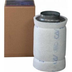 Filtre à charbon blanc de la marque CanLite, diamètre 250mm, avec son boitier d'emballage à gauche de l'image, vue de face