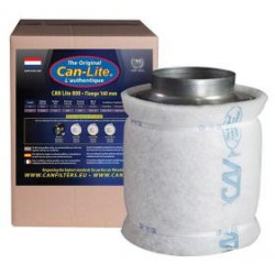 Filtre à charbon blanc de la marque CanLite, diamètre 200mm, vue de face avec son boitier d'emballage sur la gauche de l'image.