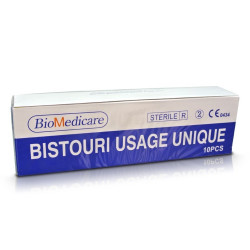 Image du boitier d'emballage d'un scalpel à l'unité, de la marque BioMedicare, vue de face du packaging